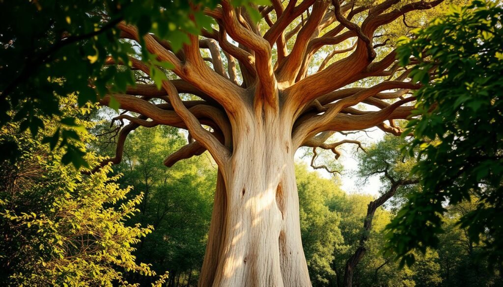 A lush, vibrant Affenbrotbaum (Adansonia) standing tall in its natural habitat, surrounded by verdant foliage and a warm, golden-hued light. The tree's iconic, twisted trunk and broad, umbrella-like canopy are captured in a detailed, high-resolution photograph, showcasing its majestic and weathered appearance. The scene is framed with a soft, shallow depth of field, drawing the viewer's attention to the captivating features of this ancient, baobab-like tree. The overall mood is one of serene, natural wonder, inviting the viewer to appreciate the unique beauty and timeless character of this remarkable species. affenbrotbaum pflege - 1