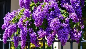 A lush, vibrant Lila Balkonpflanze stands tall, its abundant purple blooms cascading gracefully over a wrought-iron railing. Delicate petals unfurl in the warm sunlight, their hues ranging from deep indigo to lavender. The plant's verdant foliage provides a stunning contrast, creating a visually captivating scene. Captured through a crisp, high-resolution lens, the image conveys a sense of tranquility and natural beauty, perfectly suited to illustrate the section on "Lila Balkonpflanzen und Kübelpflanzen" in the article "Lila Blumen - Schönste Sorten für Ihren Garten."