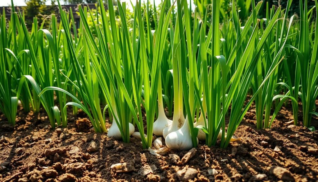 A lush, well-tended garden bed filled with thriving garlic plants, their tall, slender stalks reaching towards the sky. The soil is loose and crumbly, with a rich, earthy aroma. Sunlight filters through wispy clouds, casting a warm, golden glow over the scene. In the foreground, the garlic leaves sway gently in a light breeze, their green hues vibrant and healthy. The middle ground reveals the garlic bulbs nestled in the soil, their papery skins a mottled mix of whites and purples. In the background, a backdrop of flourishing greenery frames the garlic patch, creating a serene and inviting atmosphere. The overall composition suggests the ideal conditions for cultivating thriving garlic plants in a home garden.
