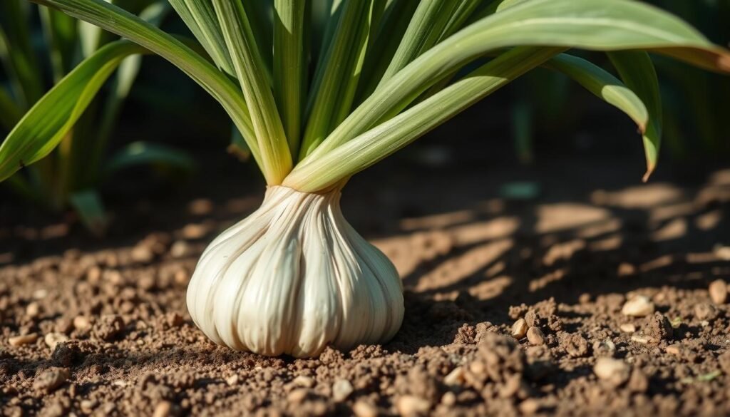 A lush, well-tended garlic plant stands proudly in a sun-dappled garden bed. Its thick, green leaves sway gently in a soft breeze, casting delicate shadows on the rich, loamy soil. A close-up view reveals the plant's bulbous base, with each clove neatly tucked within the protective layers of the papery skin. The lighting is soft and diffused, creating a warm, inviting atmosphere that emphasizes the plant's vibrant, healthy appearance. The overall composition highlights the plant's vital role in the garden, inviting the viewer to appreciate the care and attention required to cultivate this aromatic, flavorful crop.