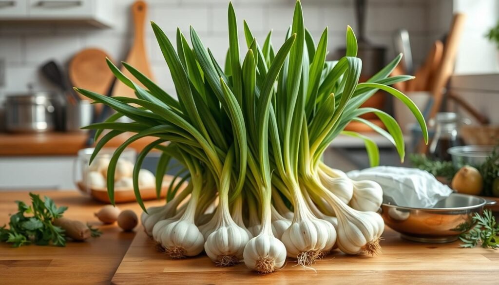 A neatly arranged kitchen countertop, with a freshly harvested garlic plant taking center stage. The plant's vibrant green leaves and thick, white bulbs stand out against the warm, wooden surface. Soft, natural lighting bathes the scene, creating a cozy, inviting atmosphere. The garlic is accompanied by various kitchen utensils and ingredients, hinting at its versatile culinary applications. The composition is balanced and visually appealing, capturing the essence of incorporating homegrown garlic into the heart of the kitchen.