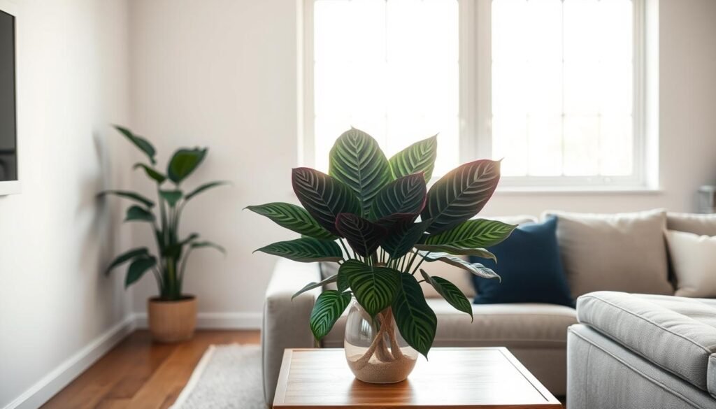 A neatly arranged living room scene with a lush Calathea plant prominently displayed on a wooden side table. Soft, diffused natural lighting filters through large windows, casting a warm glow on the plant's vibrant foliage. The Calathea's distinctive, patterned leaves are the focal point, their colors ranging from deep green to purple hues. The plant is positioned against a simple, neutral-toned wall, allowing its beauty to shine. Sleek, minimalist furniture and decor elements complement the scene, creating a harmonious, serene ambiance perfect for showcasing this decorative Calathea species.