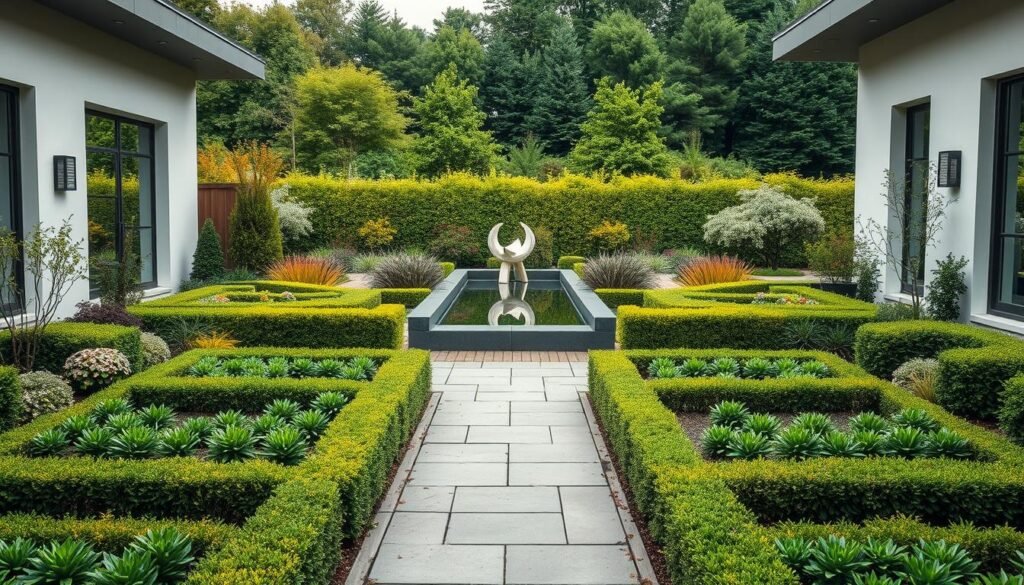 A neatly manicured cozy Vorgarten (front garden) with a modern, geometric layout. The foreground features a symmetrical arrangement of rectangular planting beds in contrasting colors, meticulously trimmed hedges, and a paved pathway leading to the entrance. The middle ground showcases a sculptural water feature or artistic focal point, casting mesmerizing reflections. The background seamlessly blends lush trees and shrubbery, creating a harmonious natural backdrop. Soft, directional lighting highlights the clean lines and emphasizes the serene, minimalist atmosphere. Captured with a wide-angle lens to convey a sense of balanced proportions and visual harmony, this scene embodies the essence of contemporary Vorgarten design.