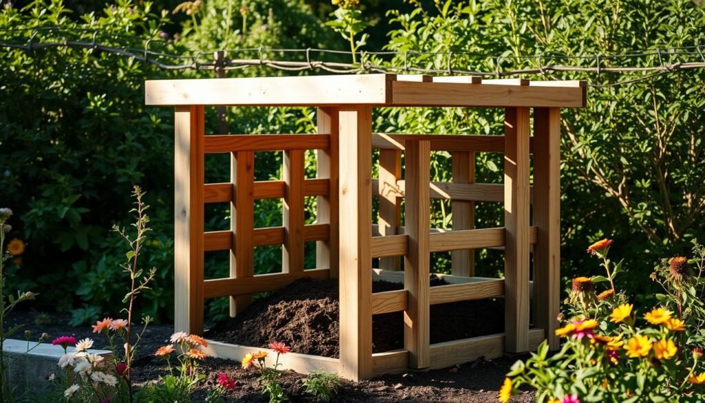A rustic wooden composter frame stands in a tranquil garden. The sturdy construction features a simple, modular design with slatted sides that allow for airflow. Gently sunlit, the frame casts warm shadows across the lush greenery and soft, earthy tones of the surrounding environment. Vibrant flowers and herbs border the composter, hinting at the nutrient-rich soil it will help to produce. The scene exudes a sense of harmony, inviting the viewer to envision the satisfying process of creating their own backyard composting system.