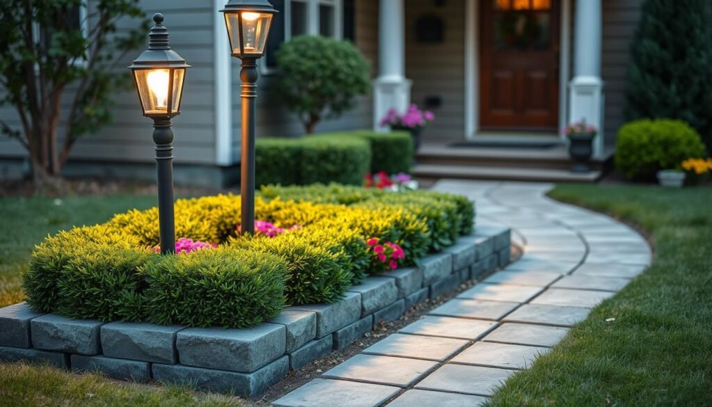 A small, well-maintained garden bed near the front entrance of a cozy, traditional home. The rectangular bed is filled with lush, low-maintenance greenery, including neatly trimmed boxwood shrubs and vibrant perennial flowers. Soft, warm lighting from a vintage-style lamp post casts a gentle glow, creating a welcoming and charming atmosphere. The clean, stone pathway leading to the front door is bordered by neatly edged lawn, and the overall scene exudes a sense of order, simplicity, and curb appeal. The composition is framed by the home's exterior, with a touch of architectural detail visible in the background.