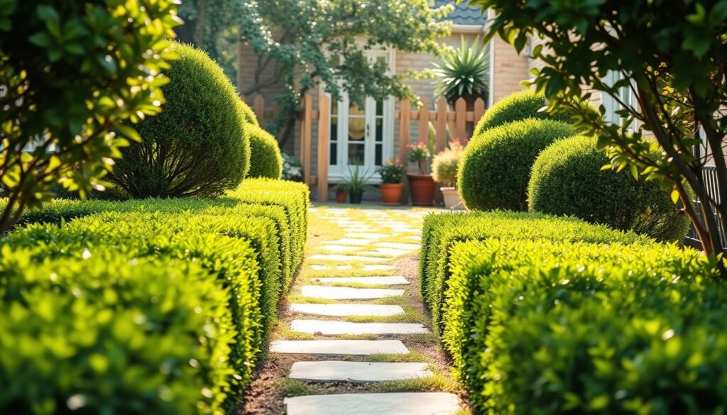 A tranquil front garden oasis, with neatly-trimmed shrubs and a lush, verdant ground cover framing a charming stone pathway. Sunlight filters through the delicate foliage, casting a warm, inviting glow across the scene. In the distance, a quaint wooden fence and a few potted plants add depth and character to the composition. The overall atmosphere is one of order, serenity, and careful curation - a harmonious blend of natural elements that enhance the home's curb appeal. A wide-angle lens captures this idyllic vision of thoughtful, functional front yard design.