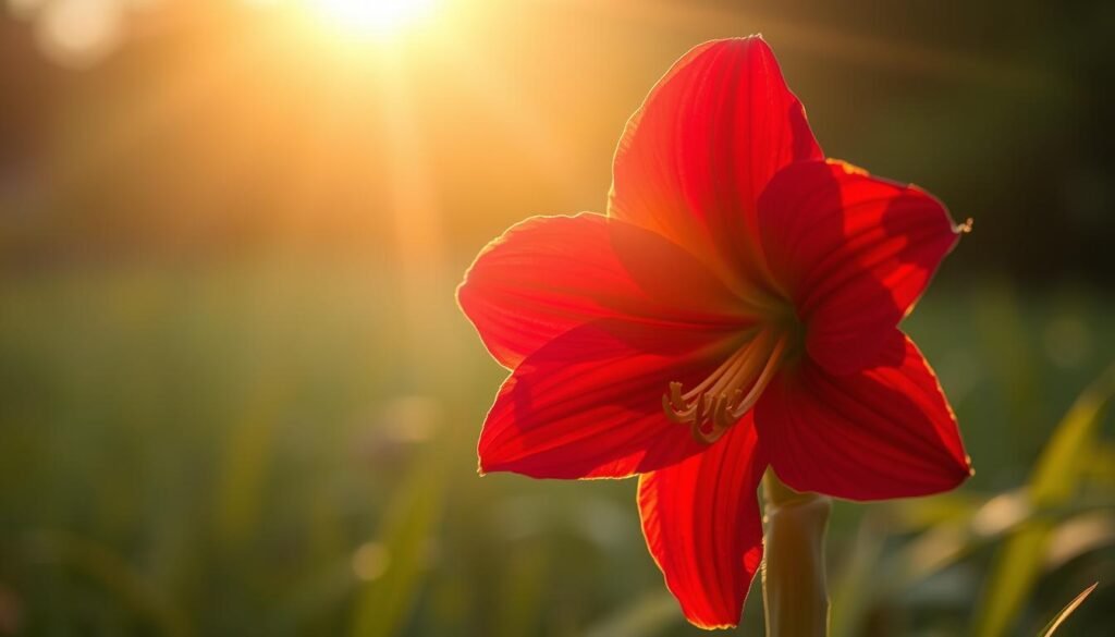 A vibrant Amaryllis flower blooming in a warm, sunlit setting. The dramatic, ruby-red petals unfurl gracefully, their velvety texture catching the soft, golden light. The tall, sturdy stem rises from a lush, verdant background, creating a sense of elegant simplicity. The composition is framed by a slightly blurred, atmospheric environment, highlighting the flower's captivating presence. The overall mood is one of natural beauty, timelessness, and the anticipation of the Amaryllis' seasonal flowering.