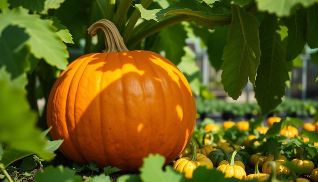 A vibrant Hokkaido pumpkin, its thick, deep orange rind glistening in warm afternoon light. The towering, broad leaves create a lush, verdant foreground, casting soft shadows across the squash's bulbous form. In the middle ground, a scattering of smaller gourds in varying shades of green and yellow complement the central specimen. The background is blurred, hinting at a well-tended garden filled with the promise of an abundant harvest. Captured with a sharp, wide-angle lens to highlight the pumpkin's impressive size and distinct Hokkaido variety.