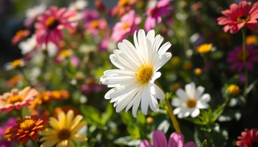 A vibrant Wiesen-Margerite, its delicate white petals radiating outward from a golden center, nestled amidst a lush summer flower garden. Sunlight streams through the scene, casting a warm glow and gentle shadows that accentuate the natural beauty of the blooms. The background features a harmonious blend of complementary colors, creating a serene and inviting atmosphere. Captured with a shallow depth of field, the Wiesen-Margerite stands out as the focal point, inviting the viewer to appreciate its intricate details and graceful form.