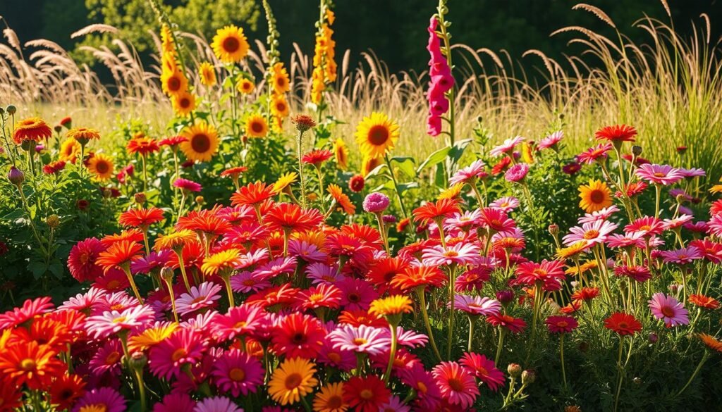 A vibrant garden in full bloom, showcasing a variety of perennial summer flowers. In the foreground, lush clumps of colorful blooms like zinnias, cosmos, and marigolds create a captivating tapestry of hues. The middle ground features tall, swaying stalks of sunflowers and hollyhocks, casting gentle shadows on the ground. In the background, a backdrop of verdant foliage and wispy grasses provides a natural and serene setting. The scene is bathed in warm, golden sunlight, creating a dreamlike, nostalgic atmosphere. The overall composition is balanced and visually striking, capturing the beauty and diversity of these beloved perennial summer flowers.