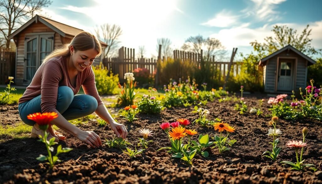A vibrant garden scene in early spring, with a woman kneeling in the foreground, sowing a variety of perennial flower seeds into well-tended soil. Sunlight filters through wispy clouds, casting a warm, soft glow across the tranquil landscape. In the middle ground, lush greenery and emerging blooms suggest the promise of a flourishing display to come. The background features a picturesque garden shed, its weathered charm complementing the serene atmosphere. The woman's focused expression and gentle movements convey the mindful, rewarding process of planting for a bountiful, multi-year garden.