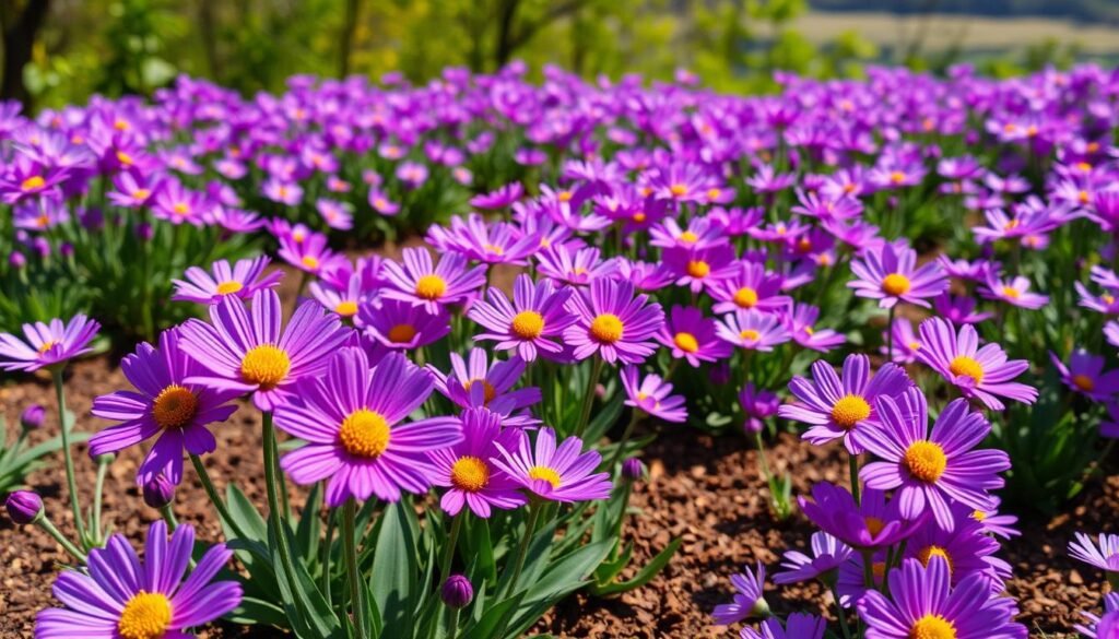 A vibrant spring garden filled with lush, violet-hued Lila Blume flowers. The foreground showcases the delicate, cupped petals of the blooms, their centers bursting with a soft golden glow. The flowers sway gently in a warm, soft breeze, casting long shadows on the rich, loamy soil below. In the middle ground, an abundance of the Lila Blume plants create a captivating tapestry of varying shades, from deep indigo to pale lavender. The background frames the scene with a blurred, hazy landscape of verdant foliage, hinting at the serene nature that surrounds this garden oasis. The overall mood is one of tranquility and the enchanting beauty of nature's vibrant, purple palette.