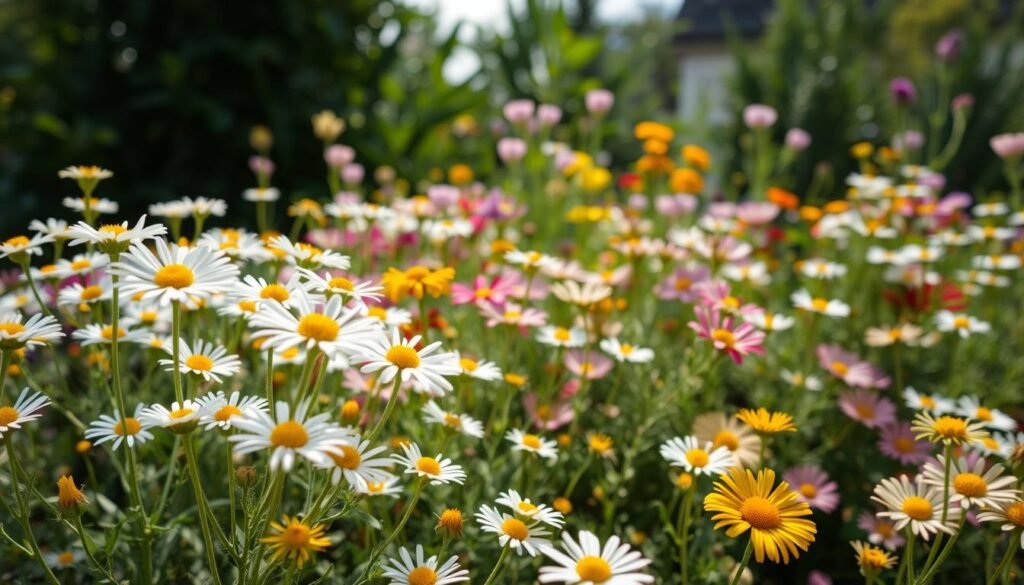 A vibrant summer garden in full bloom, capturing the essence of marguerite-like flowers. In the foreground, a lush display of delicate daisy-shaped blooms in shades of white, yellow, and pink sway gently in the warm breeze. The middle ground features a mix of complementary wildflowers, adding depth and texture to the scene. Soft, diffused natural light filters through, creating a serene and inviting atmosphere. In the background, a backdrop of verdant foliage frames the garden, hinting at the ideal growing conditions for these cheerful flowers. The overall composition evokes a sense of tranquility and the beauty of the natural world.