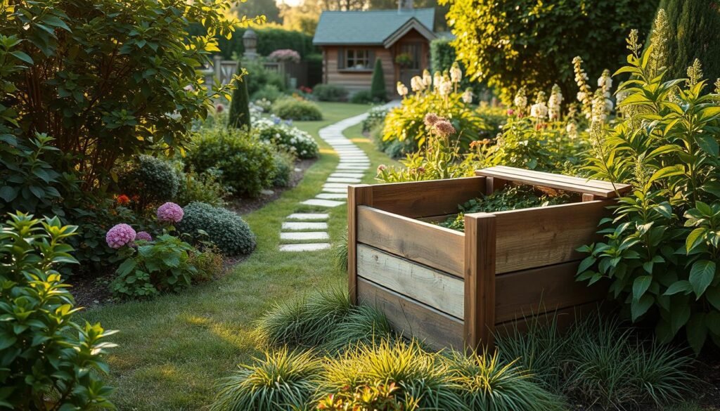 A well-designed garden composting station nestled among lush greenery. In the foreground, a sturdy wooden compost bin sits atop a grassy patch, its slats inviting organic matter to be added. Surrounding it, a variety of thriving plants and flowers create a natural, serene atmosphere. In the middle ground, a winding garden path leads the eye deeper into the scene, while in the background, a picturesque shed or garden structure provides a pleasing backdrop. Warm, natural lighting casts a soft, earthy glow over the entire composition, emphasizing the sustainable, eco-friendly nature of the composting setup. The overall impression is one of a carefully curated, functional yet aesthetically pleasing outdoor space, perfect for housing a garden-based composting system.