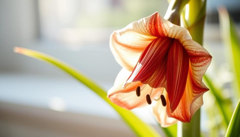 A well-lit close-up of an Amaryllis plant after its flowering, with the faded blooms and leaves showcasing the plant's natural transition after a vibrant display. The scene is captured in soft, natural lighting, highlighting the plant's delicate textures and intricate details. The background is blurred, keeping the focus on the Amaryllis and creating a serene, contemplative atmosphere. The composition emphasizes the plant's graceful form and the care required to maintain it in this post-bloom stage, reflecting the "Grundlagen der Amaryllis-Pflege" section of the article.