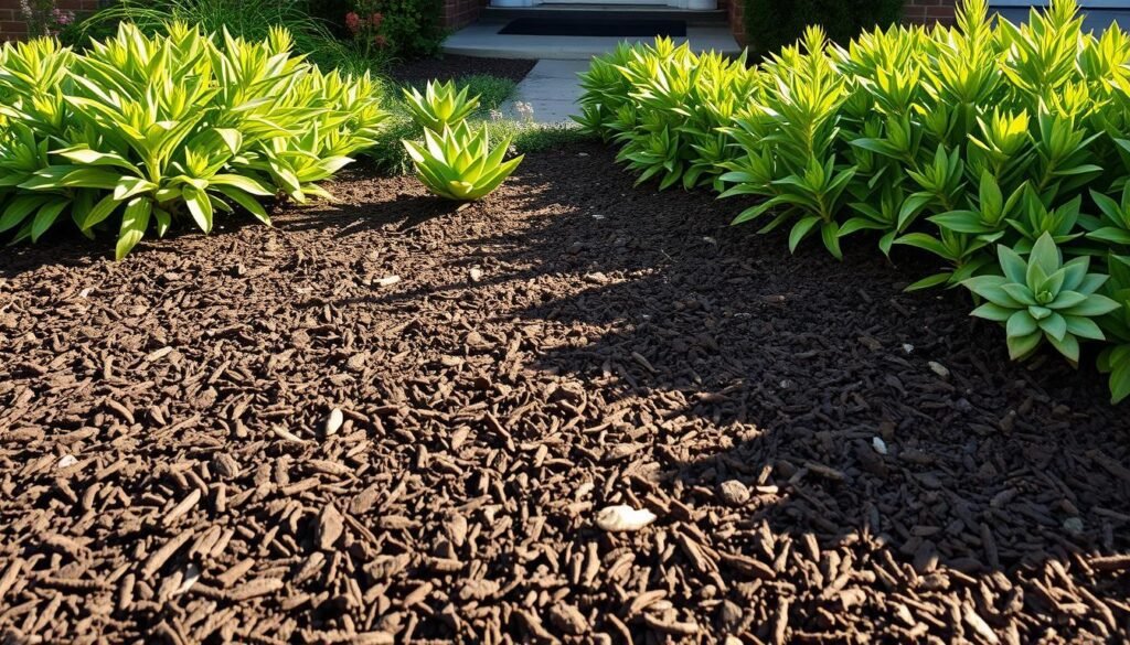 A well-maintained and effortless front yard with a thick layer of dark brown mulch covering the ground. The lush green foliage of low-maintenance plants, such as succulents and perennials, softly cascades over the mulch, creating a tidy and visually appealing scene. The lighting is natural, with warm, directional sunlight casting gentle shadows and highlights, accentuating the textures and colors. The perspective is slightly elevated, allowing the viewer to take in the entire layout of the front yard, conveying a sense of tranquility and curb appeal.