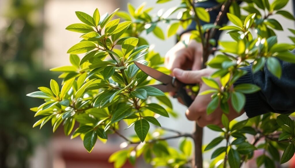 A well-manicured Geldbaum (money tree) takes center stage, its glossy, verdant leaves gently swaying in the soft, diffused lighting. The skilled gardener carefully prunes the plant, wielding sharp shears with precision, shaping the foliage into a harmonious, aesthetically pleasing form. The background is softly blurred, drawing the viewer's attention to the captivating task at hand - the artful cultivation and care of this cherished ornamental plant. The scene evokes a sense of tranquility and thoughtful attention to detail, capturing the essence of the "Schnitt und Formgestaltung" section of the article. affenbrotbaum pflege-2