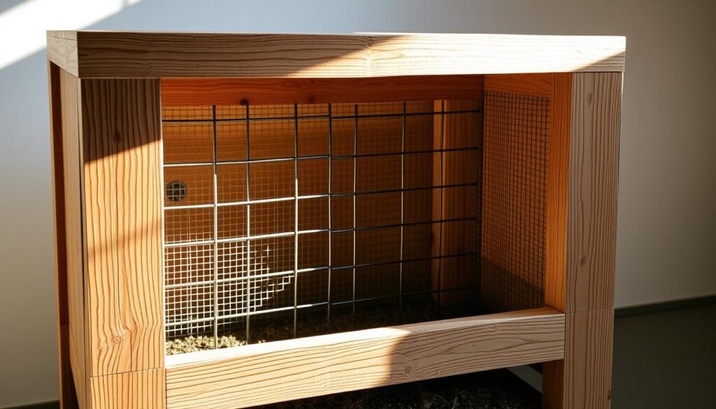 An intricate DIY composter with a detailed sieve grid, showcased in a well-lit studio setting. The composter is constructed from natural, weathered wood, its sturdy frame accentuated by the clean lines of the sieve partition. Sunlight filters in from the side, casting warm shadows and highlights that reveal the texture and craftsmanship. The sieve itself is made of high-quality stainless steel mesh, precisely fitted within the wooden structure. The overall composition emphasizes the functional yet elegant design, perfectly suited for the "Practical Additions" section of the article on building a DIY composter.