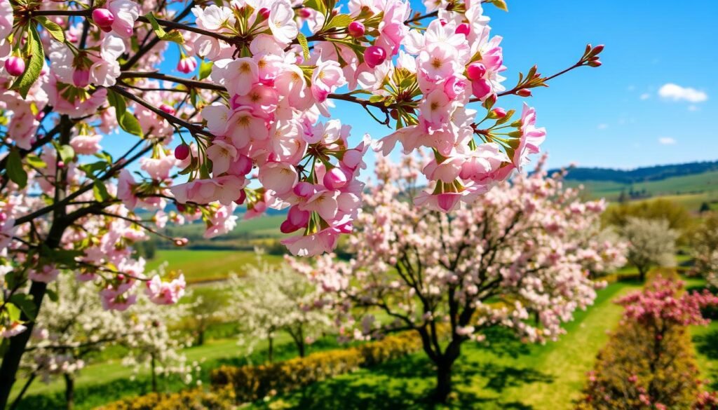 Blossoming fruit trees in a lush, vibrant garden on a sunny spring day. The foreground features a flourishing apple or pear tree with its branches laden with delicate pink or white flowers, petals softly falling in the gentle breeze. The middle ground showcases a variety of other blooming trees - perhaps cherry, almond, or plum - creating a harmonious symphony of colors and textures. In the background, a verdant landscape unfolds, with rolling hills and a clear blue sky overhead, conveying a sense of tranquility and renewal. Utilize a slightly wide-angle lens to capture the depth and breadth of this picturesque springtime scene, illuminated by warm, natural lighting that enhances the vibrant hues and lush foliage.