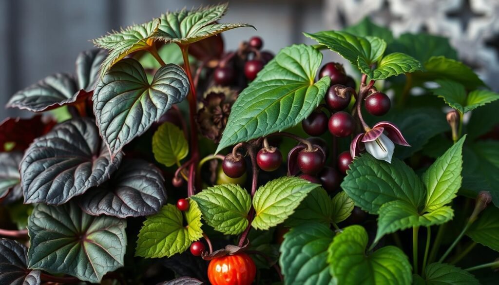 Detailed close-up of various nightshade plants, including deadly nightshade, belladonna, and mandrake, against a blurred background. The plants are displayed with their distinctive leaves, stems, and berries, showcasing their natural colors and textures. The lighting is soft and natural, emphasizing the plants' intricate details. The overall mood is one of caution and warning, highlighting the potential health risks associated with these toxic species. The composition draws the viewer's attention to the dangerous elements of these plants, conveying the message of vigilance and responsible gardening.