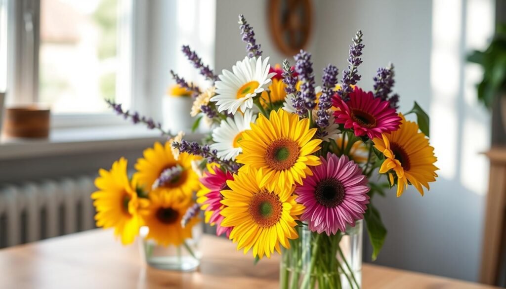 Flowers for June in a vase with fresh water. In the foreground, a bouquet of vibrant summer blooms including sunflowers, daisies, and lavender, arranged artfully in a classic clear glass vase. The flowers are illuminated by soft, natural daylight filtering through a window, casting gentle shadows and highlights. The middle ground features a simple wooden table or countertop, with a clean, minimalist styling to allow the floral display to be the focal point. The background is blurred, hinting at a serene, domestic interior space. The overall mood is one of freshness, simplicity, and the joyful abundance of the summer season.