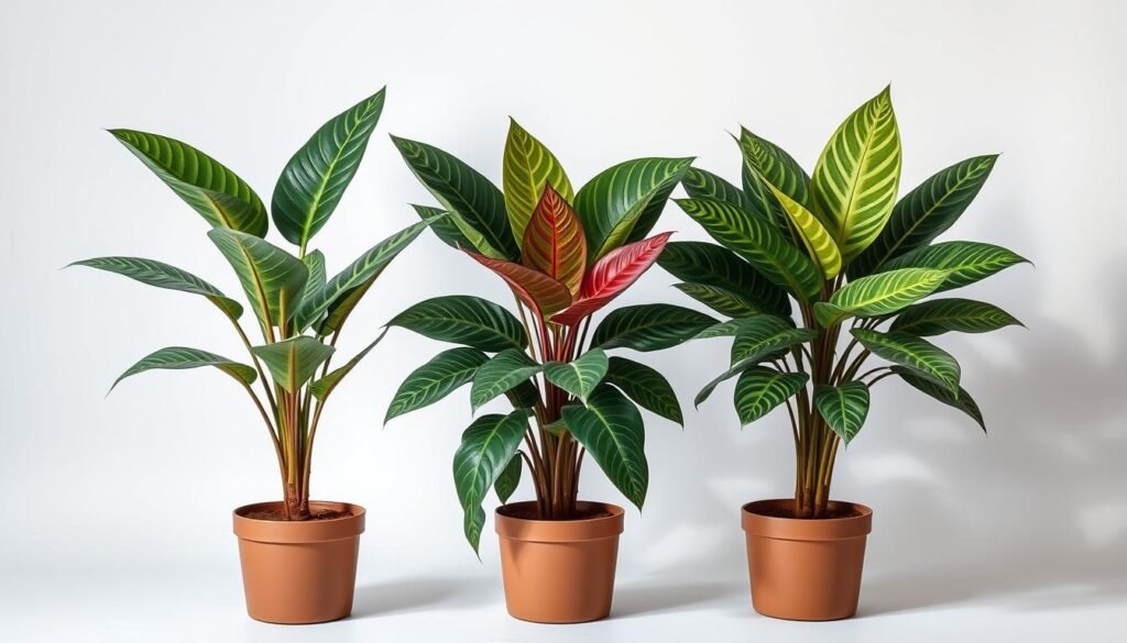 High-quality studio photograph of three Calathea plant varieties displayed side-by-side, showcasing their distinct leaf patterns, colors, and shapes. The plants are evenly lit from an angle, casting soft shadows that highlight their unique textures. The image has a clean, minimalist background that allows the plants to be the focal point. The overall mood is one of botanical elegance and attention to detail, inviting the viewer to closely examine the Calathea species and observe their differences.