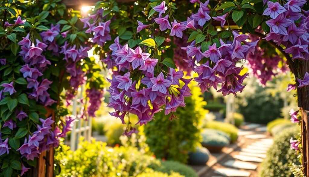 Lush, vibrant climbing plants with delicate, violet-hued blooms cascading across a rustic trellis. Sunlight filters through the verdant foliage, casting a warm, dappled glow over the scene. In the middle ground, the flowers sway gently in a soft breeze, their petals unfurling to reveal intricate, velvety centers. The background features a tranquil garden setting, with complementary greenery and a hint of a stone pathway winding through. Captured with a wide-angle lens to emphasize the graceful, enveloping nature of the climbing blooms. An enchanting, romantic atmosphere pervades the image, showcasing the beauty of these captivating violet-hued climbers.