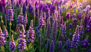 Lush, vibrant garden filled with a colorful array of purple and violet flowers. In the foreground, a cluster of tall, graceful lupins with soft, velvety petals sway gently in a light breeze. Interspersed between them, delicate lavender plants with their distinctive spikes of fragrant blooms. In the middle ground, a riot of deep purple irises, their regal flowers standing tall and proud. Towards the back, a mix of other perennials in shades of indigo, amethyst and eggplant, creating a stunning, harmonious palette. Warm, golden afternoon light filters through the scene, casting a serene, dreamlike atmosphere. Shooting with a wide-angle lens to capture the lush, immersive garden landscape.