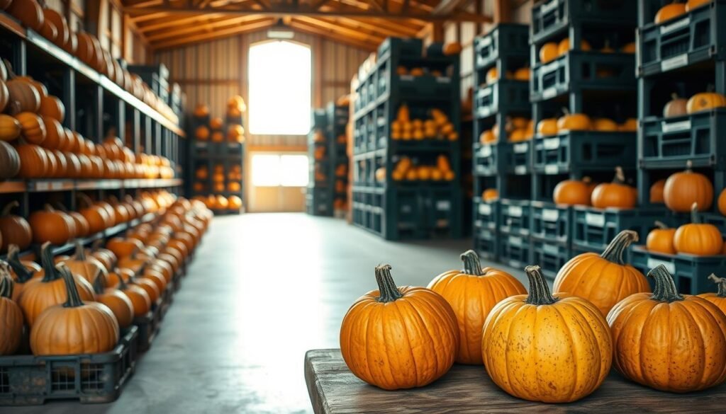 Prompt A well-lit, spacious storage room with stacked shelves and crates of various-sized pumpkins and gourds. The foreground showcases several plump, freshly harvested pumpkins in earthy tones, arranged with care on a wooden surface. The middle ground features rows of carefully stacked storage crates, each labeled with varieties and harvest dates. In the background, natural light filters through large windows, casting a warm, inviting glow over the scene. The overall mood conveys a sense of organization, preservation, and the bountiful harvest ready to be enjoyed in the coming months.