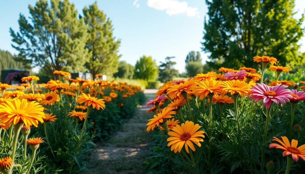 Serene garden scene showcasing perennial flowers thriving in the sun. A lush flowerbed occupies the foreground, featuring vibrant blooms in warm hues of yellow, orange, and pink. The flowers sway gently in a soft breeze, their petals catching the golden sunlight. In the middle ground, a well-tended garden path winds through the vibrant display, inviting the viewer to stroll and admire the beautiful blooms. The background features a backdrop of verdant trees and a clear, azure sky, creating a tranquil and picturesque atmosphere. The overall composition emphasizes the beauty and vitality of these resilient, long-lasting flowers that are well-suited for sunny garden locations.