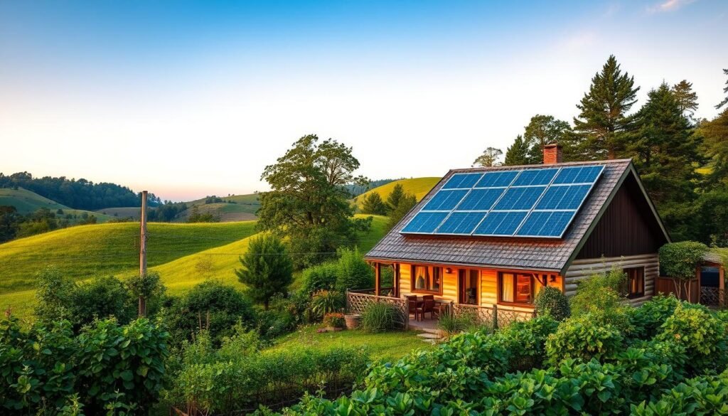 Sustainable energy supply for self-sufficient homeowners: a serene solar-powered home nestled amidst a lush, verdant landscape. The rooftop is adorned with neatly arranged solar panels, harnessing the sun's rays to provide clean, renewable energy. In the foreground, a well-tended vegetable garden thrives, showcasing the self-sufficient lifestyle. Gently rolling hills and towering trees create a tranquil, pastoral backdrop, emphasizing the harmony between the home and its natural surroundings. Soft, warm lighting illuminates the scene, conveying a sense of comfort and self-reliance. The overall atmosphere is one of sustainability, independence, and a deep connection to the land.