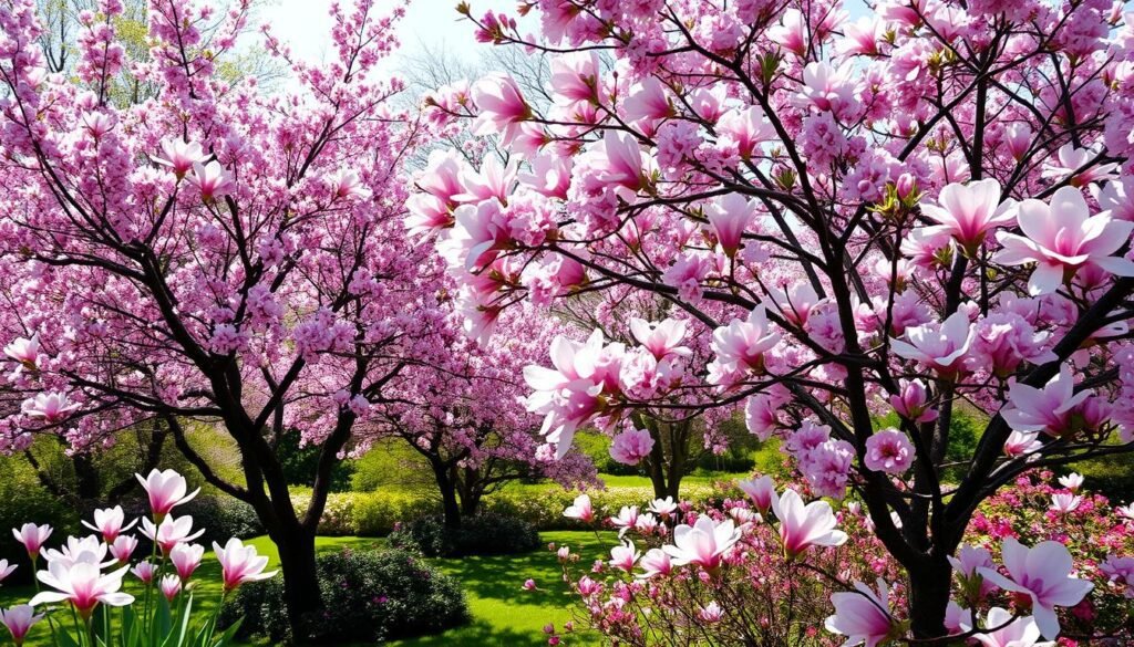 Vibrant flowering ornamental trees in a lush, verdant garden. A breathtaking springtime scene with a variety of hardy, blooming species - cherry blossoms, magnolias, and flowering dogwoods. Delicate petals in shades of pink, white, and lavender softly drifting on a gentle breeze. Sunlight filters through the canopy, casting a warm, natural glow across the serene landscape. The trees stand tall and proud, their branches adorned with an abundance of delicate flowers, signaling the arrival of a new season. A tranquil, picturesque display of nature's inherent beauty and the promise of spring.