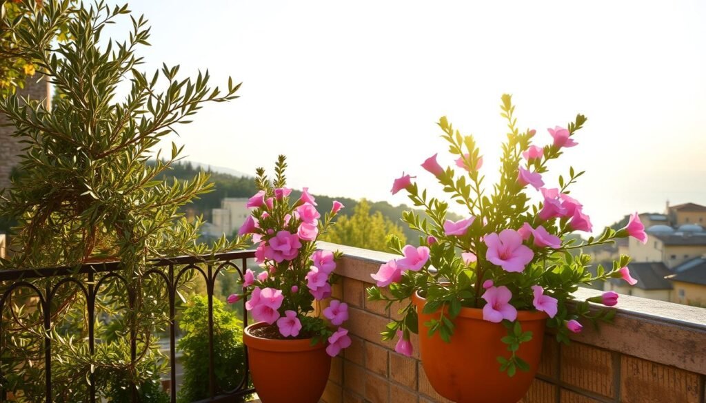 A Mediterranean-style balcony garden with lush, vibrant foliage and warm, natural lighting. In the foreground, a wrought-iron railing is adorned with cascading vines and potted olive trees, their silvery leaves shimmering in the gentle breeze. In the middle ground, a terracotta planter overflows with the delicate blooms of an oleander shrub, its pink flowers contrasting against the weathered stone walls. In the background, a glimpse of the distant horizon, hazy with the soft, golden glow of the Mediterranean sun. The scene exudes a sense of tranquility and timeless elegance, inviting the viewer to step into this oasis of Mediterranean charm.