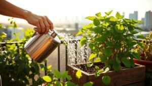 A balcony garden in the scorching summer heat, with a vibrant potted plant being gently watered by a gardener's hand with a waterring can. Soft, diffused sunlight filters through the leaves, casting delicate shadows on the weathered wooden planter. The air is thick with the scent of damp soil and lush greenery. In the background, the city skyline shimmers in the distance, a testament to the urban oasis thriving amidst the heat. The gardener's expression is one of calm focus, their movements graceful and deliberate as they tend to the thirsty plant, ensuring its survival in the face of the unrelenting sun.