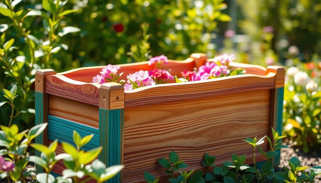 A beautifully crafted wooden flower box in a sunny garden, its vibrant colors meticulously chosen to complement the surrounding foliage. The box's intricate design features subtle curves and elegant trim, inviting the viewer to imagine the lush blooms it will soon hold. Warm, natural lighting casts a soft glow, highlighting the rich, textured wood grain. The angle captures the box at a slight tilt, creating a sense of depth and drawing the eye towards the endless possibilities of customization and personalization. An atmosphere of tranquility and natural beauty pervades the scene, inspiring thoughts of relaxation and the joys of gardening. A beautifully crafted wooden flower box in a sunny garden, its vibrant colors meticulously chosen to complement the surrounding foliage. The box's intricate design features subtle curves and elegant trim, inviting the viewer to imagine the lush blooms it will soon hold. Warm, natural lighting casts a soft glow, highlighting the rich, textured wood grain. The angle captures the box at a slight tilt, creating a sense of depth and drawing the eye towards the endless possibilities of customization and personalization. An atmosphere of tranquility and natural beauty pervades the scene, inspiring thoughts of relaxation and the joys of gardening.