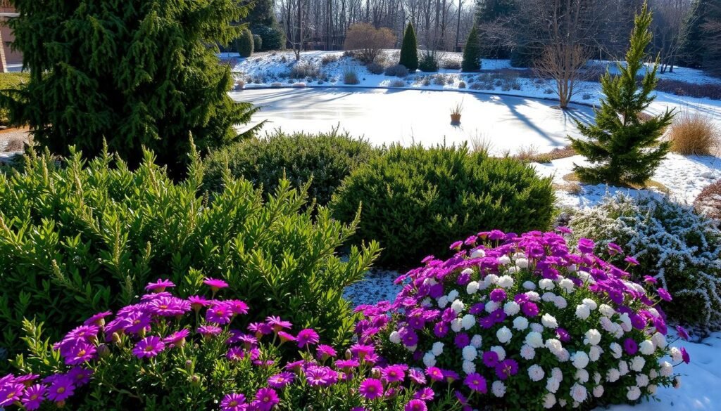 A beautifully vibrant garden scene in the depths of winter. In the foreground, clusters of hardy perennial flowers in shades of purple, pink, and white bloom amidst lush green foliage, their petals gently swaying in a light breeze. The middle ground features towering evergreen shrubs and trees, casting dramatic shadows across the snow-dusted ground. In the background, a glistening frozen pond reflects the pale winter sun, surrounded by a patchwork of dormant plants and bare deciduous trees. The overall scene conveys a sense of serene, cold beauty, inviting the viewer to discover the hidden delights of a winter garden.