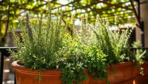 A bountiful arrangement of lush, fragrant Mediterranean herbs thriving in a sunlit balcony planter. Vibrant sprigs of rosemary, thyme, and oregano intermingle, their aromatic leaves catching the warm glow of the afternoon sun. The planter, crafted from weathered terracotta, blends seamlessly with the rustic, sun-kissed surroundings. Dappled shadows from overhead trellises create a gentle, natural lighting, highlighting the verdant hues and delicate textures of the herbs. The scene evokes the essence of a sun-drenched Mediterranean garden, inviting the viewer to inhale the soothing, herbal scents and imagine the flavorful culinary possibilities these herbs possess.