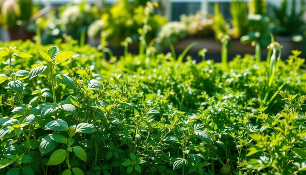 A bountiful garden bursting with vibrant seasonal herbs, casting soft natural light across the verdant foliage. In the foreground, clusters of lush, fragrant basil, rosemary, and thyme sway gently in a light breeze. The middle ground features an assortment of thriving chives, parsley, and oregano, their leaves glistening with morning dew. In the background, a picturesque greenhouse or planter box provides a serene, protected setting for the herbs to flourish. The overall composition evokes a sense of tranquility, nourishment, and the cyclical beauty of nature's growing seasons.
