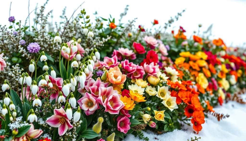 A breathtaking floral calendar, showcasing the vibrant blooms that grace the winter landscape. Against a crisp, wintry backdrop, a stunning array of Winterblüher - hardy perennials that defy the chill, their petals unfurling in defiance of the season. Delicate snowdrops, their pure white heads nodding gently. Lush clusters of fragrant hellebores, their regal blooms in shades of green, pink, and purple. Splashes of cheerful color from the bold, fiery hues of witch hazels. A soft, diffused light illuminates the scene, lending an ethereal, almost otherworldly quality. Captured with a shallow depth of field, drawing the eye to the exquisite floral details. This captivating image encapsulates the resilience and beauty of nature, even in the depths of winter.