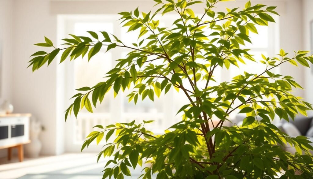 A bright and airy indoor setting, with a potted Zimmerlinde plant taking center stage. The lush, vibrant foliage of the Linden tree fills the foreground, its leaves gently swaying in the soft, natural light filtering in through large windows. The background features a minimalist, Scandinavian-inspired room, with clean lines, neutral tones, and a sense of tranquility. Warm, diffused lighting casts a warm glow over the scene, highlighting the delicate details of the Zimmerlinde's intricate leaves and branches. The overall atmosphere is one of calm, serenity, and the natural beauty of this versatile houseplant.