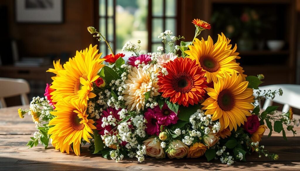 A bright, sun-drenched floral arrangement is arranged on a rustic wooden table. In the foreground, vibrant blooms of sunflowers, dahlias, and zinnias cascade gracefully, their petals softly illuminated by natural light filtering through an open window. In the middle ground, delicate stems of baby's breath and lush greenery create a lush, textural backdrop, while the background features a glimpse of a serene garden scene through the window. The image has a warm, inviting tone, capturing the essence of summer blooms and the artistry of crafting a beautiful floral display. A bright, sun-drenched floral arrangement is arranged on a rustic wooden table. In the foreground, vibrant blooms of sunflowers, dahlias, and zinnias cascade gracefully, their petals softly illuminated by natural light filtering through an open window. In the middle ground, delicate stems of baby's breath and lush greenery create a lush, textural backdrop, while the background features a glimpse of a serene garden scene through the window. The image has a warm, inviting tone, capturing the essence of summer blooms and the artistry of crafting a beautiful floral display.