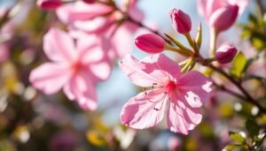 A captivating close-up of vibrant Lenzrosen blossoms, their delicate petals unfurling in a soft, natural light. The flowers appear to gently sway, their vibrant pink hues accentuated by the warm tones of the surrounding foliage. The image has a dreamy, almost ethereal quality, inviting the viewer to pause and appreciate the beauty of this enchanting spring bloom. The composition is well-balanced, with the flowers taking center stage and the background providing a subtle, complementary context. This image would beautifully illustrate the introductory section of an article exploring the cultivation and care of the beloved Lenzrose.