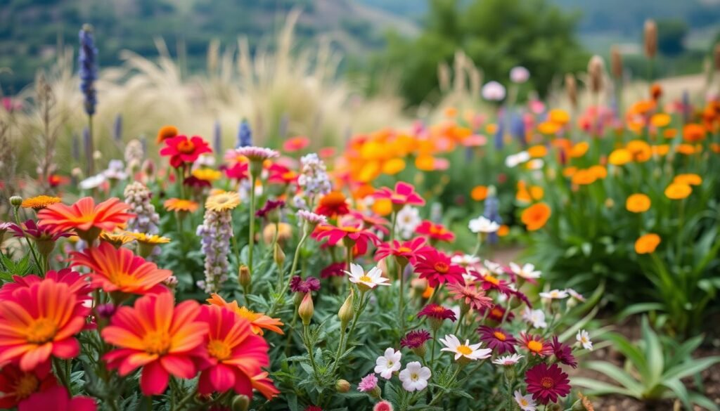 A carefully composed perennial garden plan, captured with a wide-angle lens to showcase the intricate layout. The foreground features vibrant blooms in a harmonious color palette, while the middle ground showcases the careful arrangement of plants in organic shapes and textures. The background gently fades into a soft, blurred natural landscape, emphasizing the serene, contemplative mood. The lighting is natural and diffused, highlighting the lush foliage and delicate petals. This image conveys the thoughtful, step-by-step process of curating the perfect perennial border for a stunning, low-maintenance garden display.