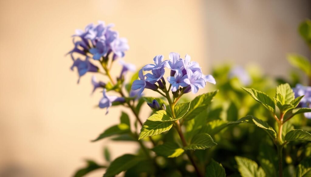A close-up, highly detailed photograph of a Plumbago auriculata (Blue Leadwort) plant against a soft, blurred background. The plant is in full bloom, with delicate blue-violet flowers clustered together, their petals catching the warm, golden sunlight. The leaves are lush and vibrant green, with a subtle, textured pattern. The image is captured from a low angle, emphasizing the graceful, upright stems and highlighting the plant's natural beauty. The lighting is natural and directional, creating depth and dimension. The overall mood is serene and intimate, inviting the viewer to appreciate the intricate details of this elegant, flowering shrub.
