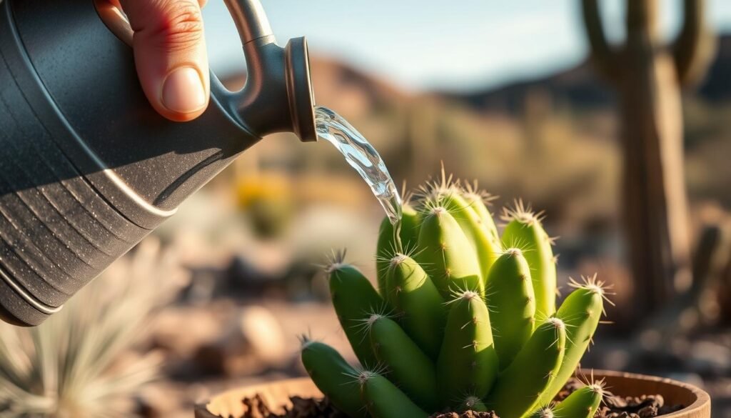 A close-up of a hand carefully watering a lush green cactus plant against a blurred backdrop of desert landscape. The lighting is soft and natural, capturing the delicate balance of light and shadow on the cactus's textured surface. The watering can's spout is positioned precisely, allowing a gentle stream of water to flow onto the soil, ensuring the plant's optimal hydration. The composition emphasizes the importance of proper watering techniques for maintaining the health and vitality of this desert-adapted succulent. The overall mood is one of mindful, attentive care, reflecting the section's focus on the fundamentals of cactus watering. A close-up of a hand carefully watering a lush green cactus plant against a blurred backdrop of desert landscape. The lighting is soft and natural, capturing the delicate balance of light and shadow on the cactus's textured surface. The watering can's spout is positioned precisely, allowing a gentle stream of water to flow onto the soil, ensuring the plant's optimal hydration. The composition emphasizes the importance of proper watering techniques for maintaining the health and vitality of this desert-adapted succulent. The overall mood is one of mindful, attentive care, reflecting the section's focus on the fundamentals of cactus watering.