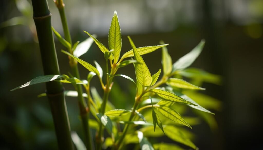 A close-up photograph of a Schädlinge Glücksbambus plant with its distinctive green leaves and bamboo-like stems. The plant is illuminated by soft, natural lighting, casting gentle shadows across the surface. The focus is on the leaves, highlighting their intricate patterns and textures. The background is blurred, creating a serene and tranquil atmosphere, drawing the viewer's attention to the plant's delicate details. The image conveys a sense of fragility and resilience, capturing the essence of the Glücksbambus and the need to protect it from pests and diseases.