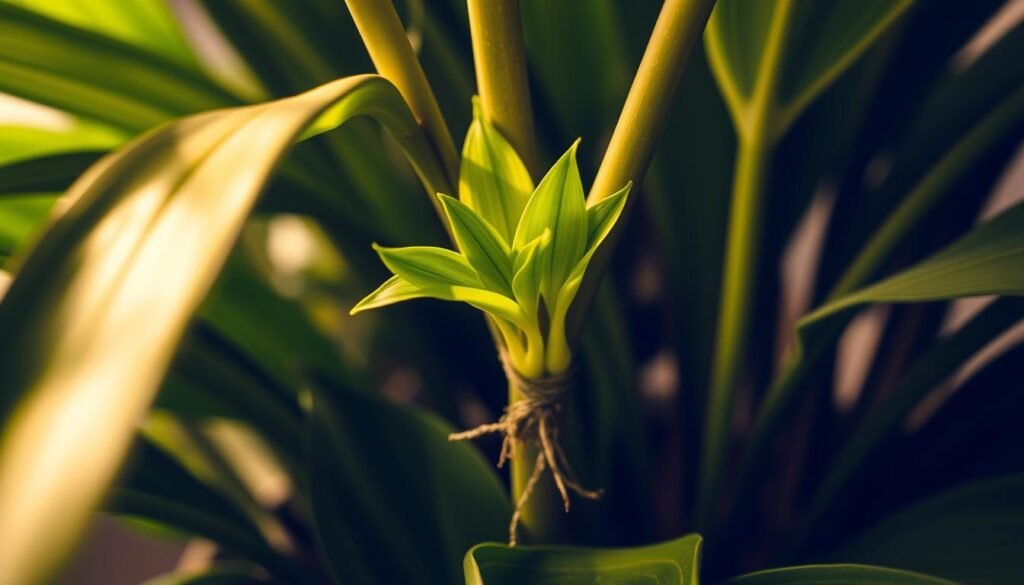 A close-up shot of a Dracaena plant's stem with several healthy, vibrant green leaf cuttings emerging from it, surrounded by lush foliage and a warm, soft lighting that gently illuminates the scene. The cuttings appear fresh and well-rooted, showcasing the process of propagating a Dracaena plant through stem cuttings. The image conveys a sense of growth, vitality, and the ease of reproducing this versatile, low-maintenance houseplant.