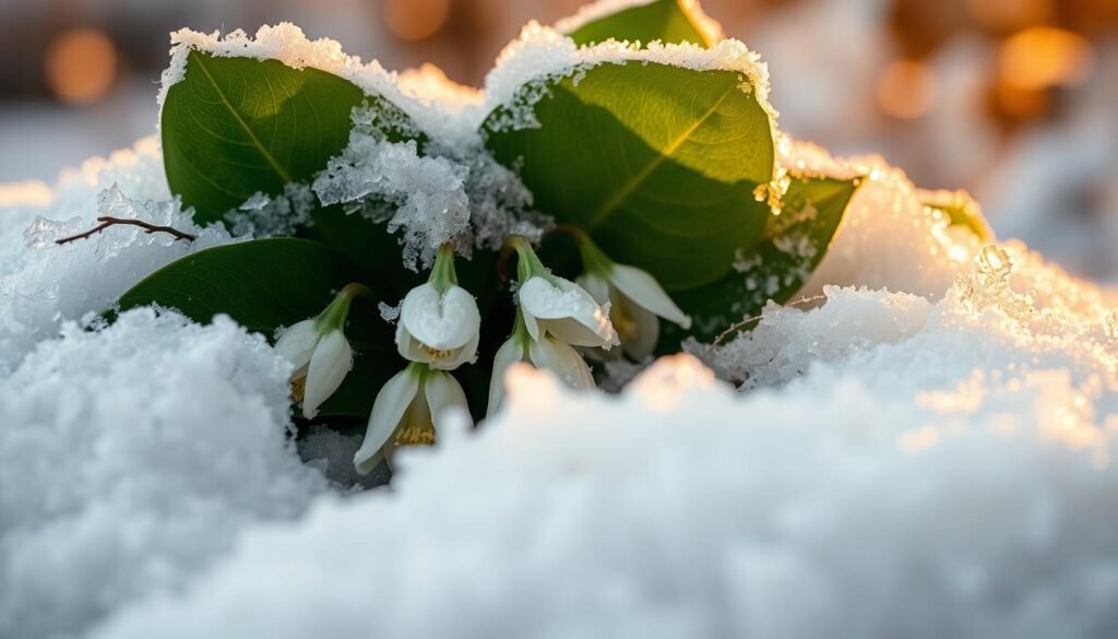 A close-up shot of a Lenzrose (Helleborus) plant enveloped in a thick layer of snow, with the delicate white petals peeking through the icy crystals. The scene is illuminated by a soft, warm light that casts a gentle glow, evoking a sense of winter's tranquility. The plant's lush green leaves are partially obscured by the snow, creating a harmonious contrast between the organic and the frozen. The background is slightly blurred, focusing the viewer's attention on the resilient beauty of the Lenzrose as it endures the harsh winter conditions. A close-up shot of a Lenzrose (Helleborus) plant enveloped in a thick layer of snow, with the delicate white petals peeking through the icy crystals. The scene is illuminated by a soft, warm light that casts a gentle glow, evoking a sense of winter's tranquility. The plant's lush green leaves are partially obscured by the snow, creating a harmonious contrast between the organic and the frozen. The background is slightly blurred, focusing the viewer's attention on the resilient beauty of the Lenzrose as it endures the harsh winter conditions.