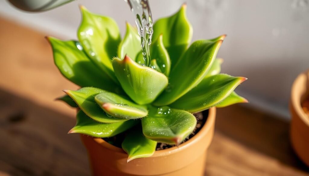 A close-up shot of a Schlumbergera (Christmas cactus) plant being gently watered, with water droplets glistening on the vibrant green, segmented leaves. The succulent's serrated edges and soft, fuzzy texture are clearly visible. The image is captured in soft, natural lighting, creating a serene, calming atmosphere. The plant is potted in a simple, earthy-toned ceramic container, placed on a wooden surface, allowing the viewer to focus on the delicate watering process. The overall composition emphasizes the care and attention required to properly hydrate this popular holiday houseplant.