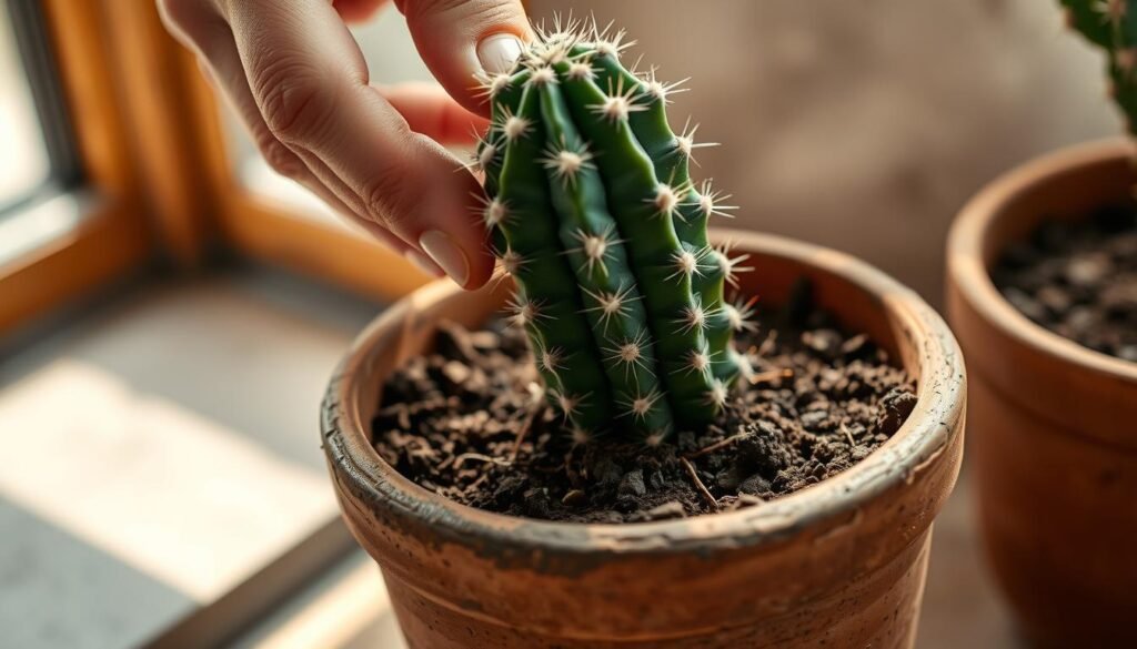A close-up shot of a person's hands carefully repotting a cactus plant, their fingers gently lifting the succulent from its old container and nestling it into a new, larger pot filled with fresh, well-draining soil. Soft, diffused natural light filters through a window, casting a warm, earthy glow on the scene. The cactus' spiny green pads stand in sharp contrast against the rustic terracotta pot, conveying a sense of tranquility and care in this delicate horticultural task. The image evokes the process of "Kaktus Umtopfen", or repotting cacti, with attention to detail and a calming atmosphere suitable for the "Umtopfen und Standortwahl für Kakteen" section of the article. A close-up shot of a person's hands carefully repotting a cactus plant, their fingers gently lifting the succulent from its old container and nestling it into a new, larger pot filled with fresh, well-draining soil. Soft, diffused natural light filters through a window, casting a warm, earthy glow on the scene. The cactus' spiny green pads stand in sharp contrast against the rustic terracotta pot, conveying a sense of tranquility and care in this delicate horticultural task. The image evokes the process of "Kaktus Umtopfen", or repotting cacti, with attention to detail and a calming atmosphere suitable for the "Umtopfen und Standortwahl für Kakteen" section of the article.